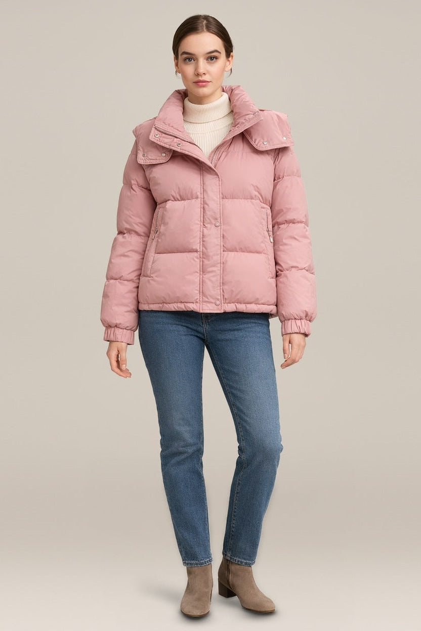 Korte Pufferjas Dames met Capuchon – Gewatteerde Winterjas — Taliah in Roze – vooraanzicht