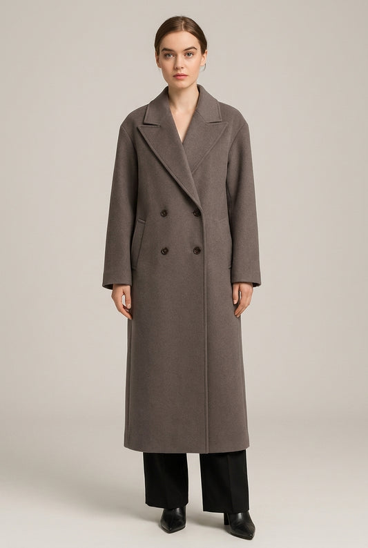 Lange Oversized Mantel — Leyla – Taupe – vooraanzicht