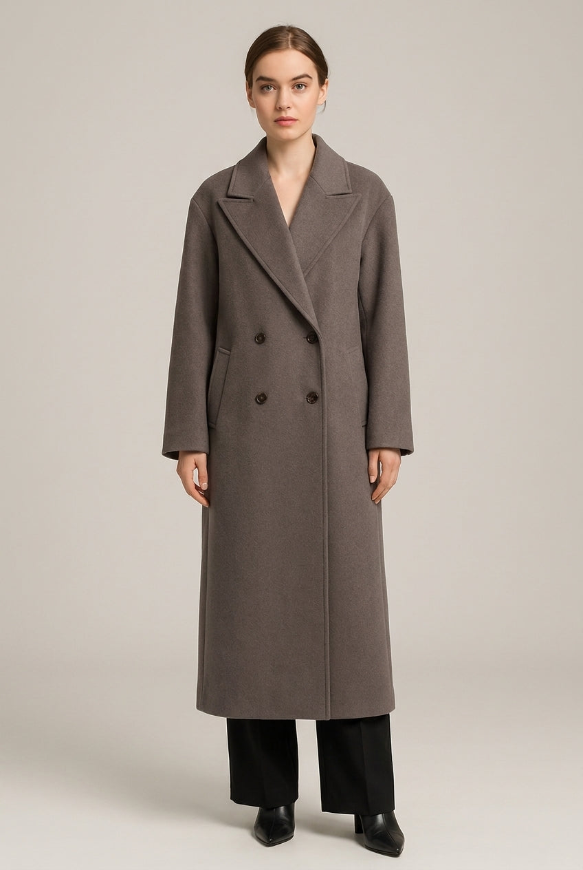 Lange Oversized Mantel — Leyla – Taupe – vooraanzicht