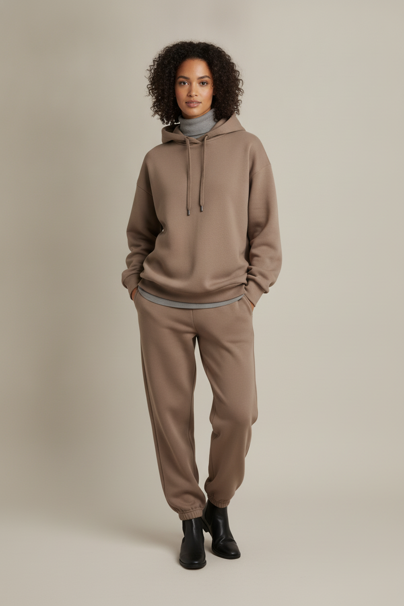 Joggingpak Dames Oversized met Hoodie – Tweedelig Huispak — Marcela – Taupe – vooraanzicht
