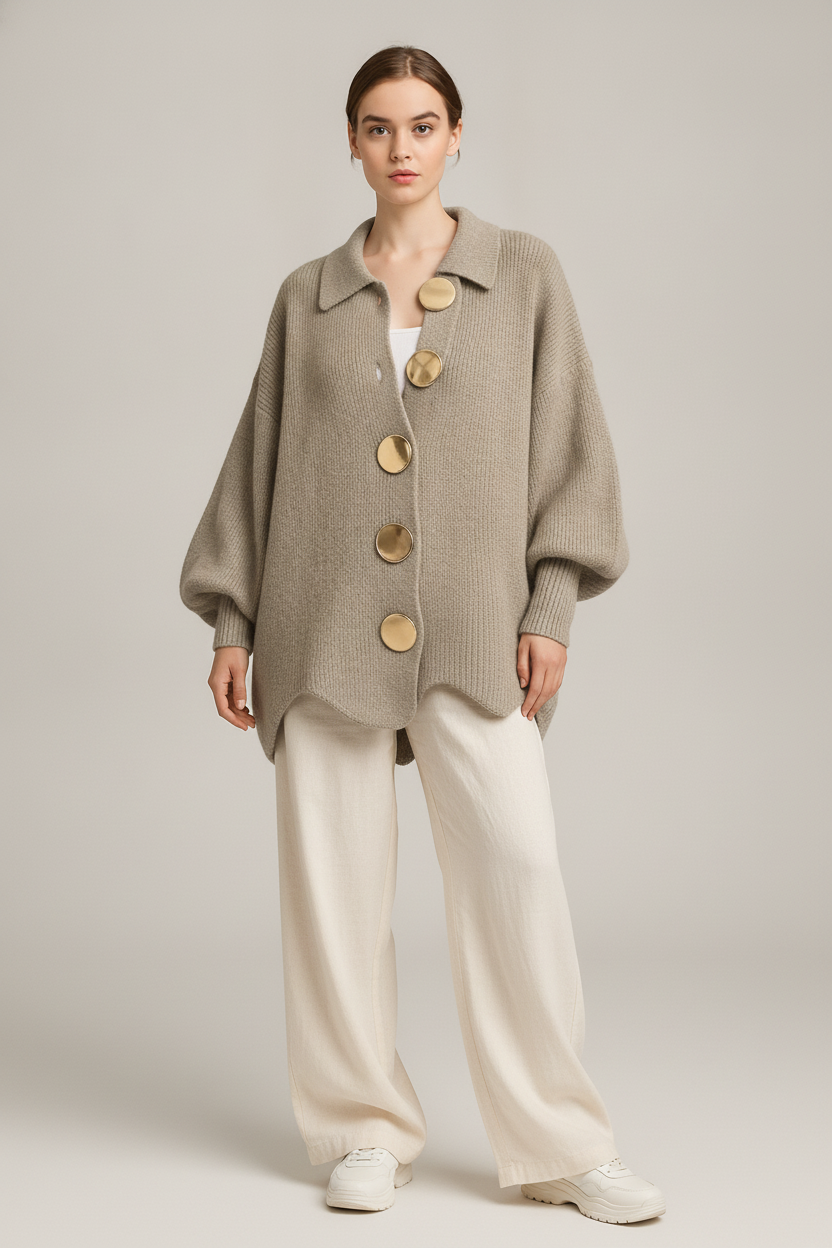 Oversized Gebreid Vest Dames – Cardigan met Grote Knopen — Norah – Taupe – vooraanzicht