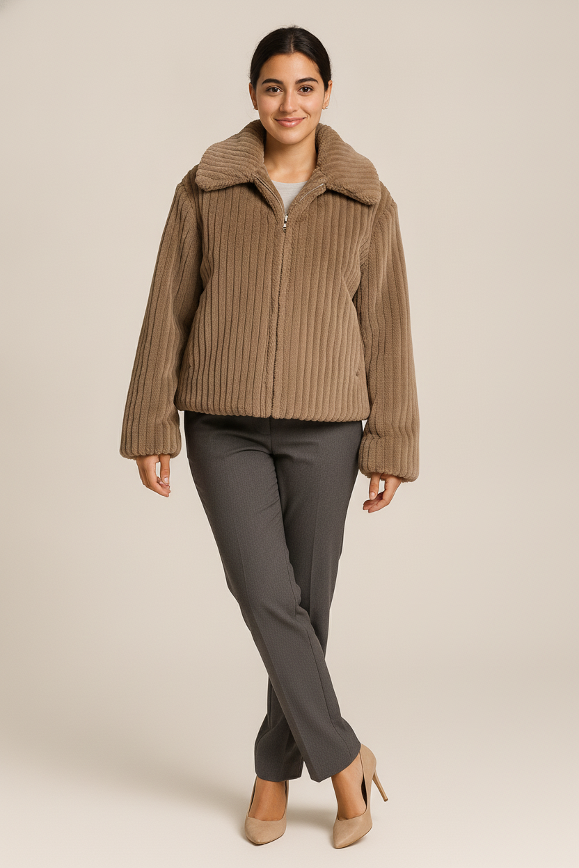 Korte Dames Teddy Jas met Kraag – Zacht Jack met Rits — Capucine – Taupe – vooraanzicht