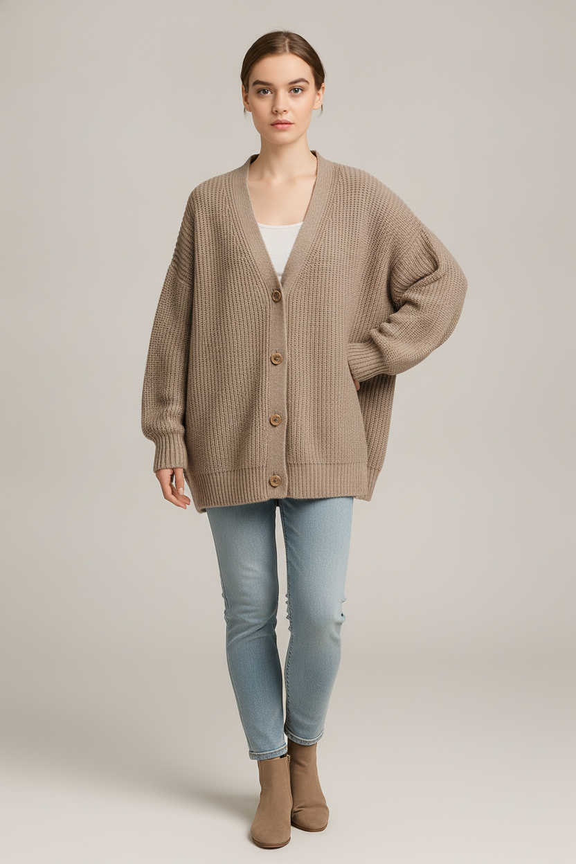 Gebreid Vest Dames met V-hals – Oversized Cardigan — Mireille – Taupe – vooraanzicht