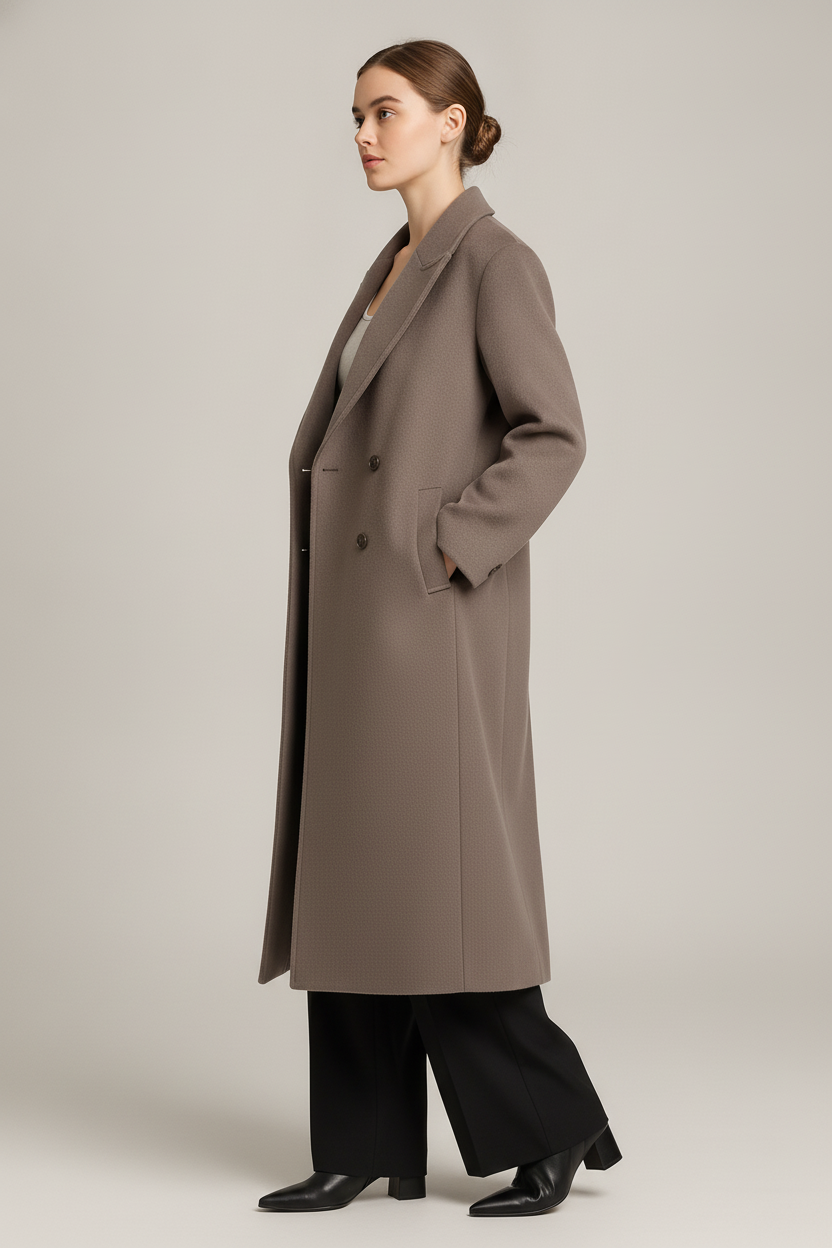 Lange Oversized Mantel — Leyla – Taupe – zijaanzicht
