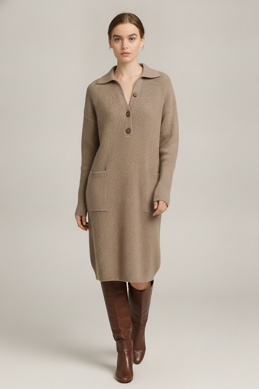 Truijurk Dames met Polokraag en Knopen – Midi Lengte — Lysandra – Taupe – zijaanzicht