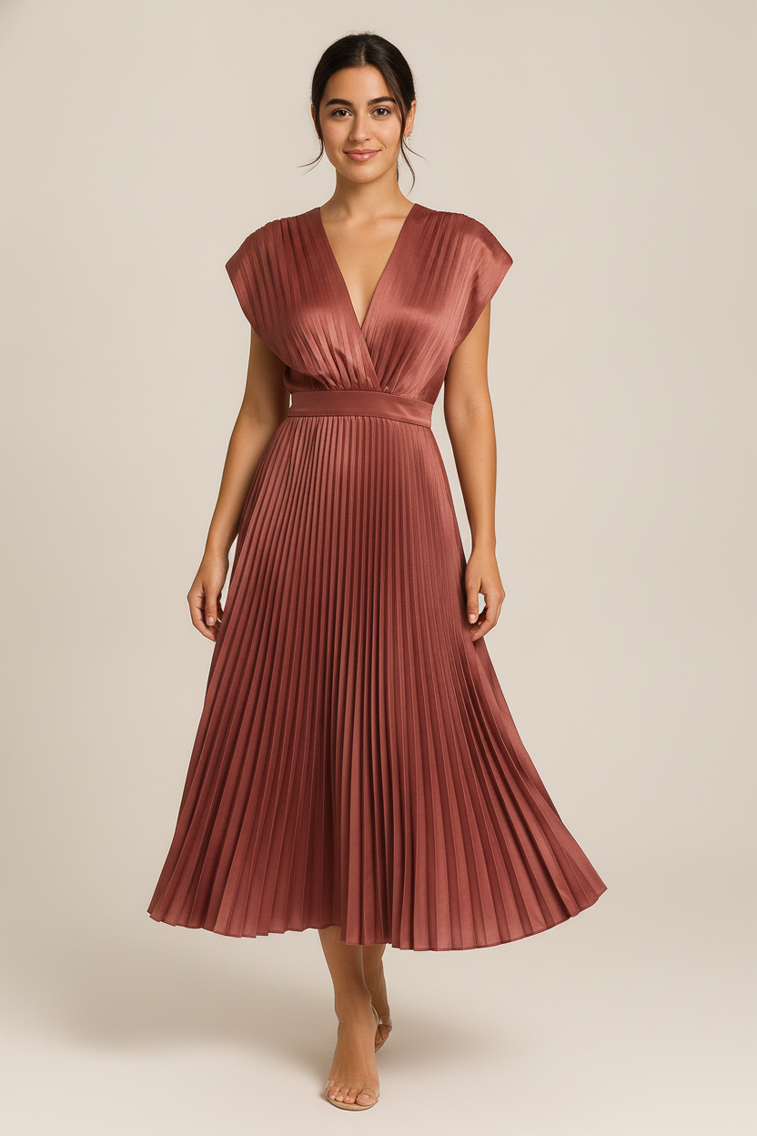 Plissé Midi-Jurk met Diepe V-Hals — Ninon – Terracotta – vooraanzicht