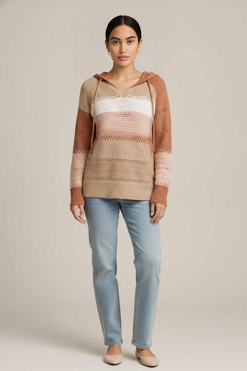 Gebreide Hoodie Dames met Strepen – Ajour Trui met Capuchon — Melina – Terracotta – vooraanzicht