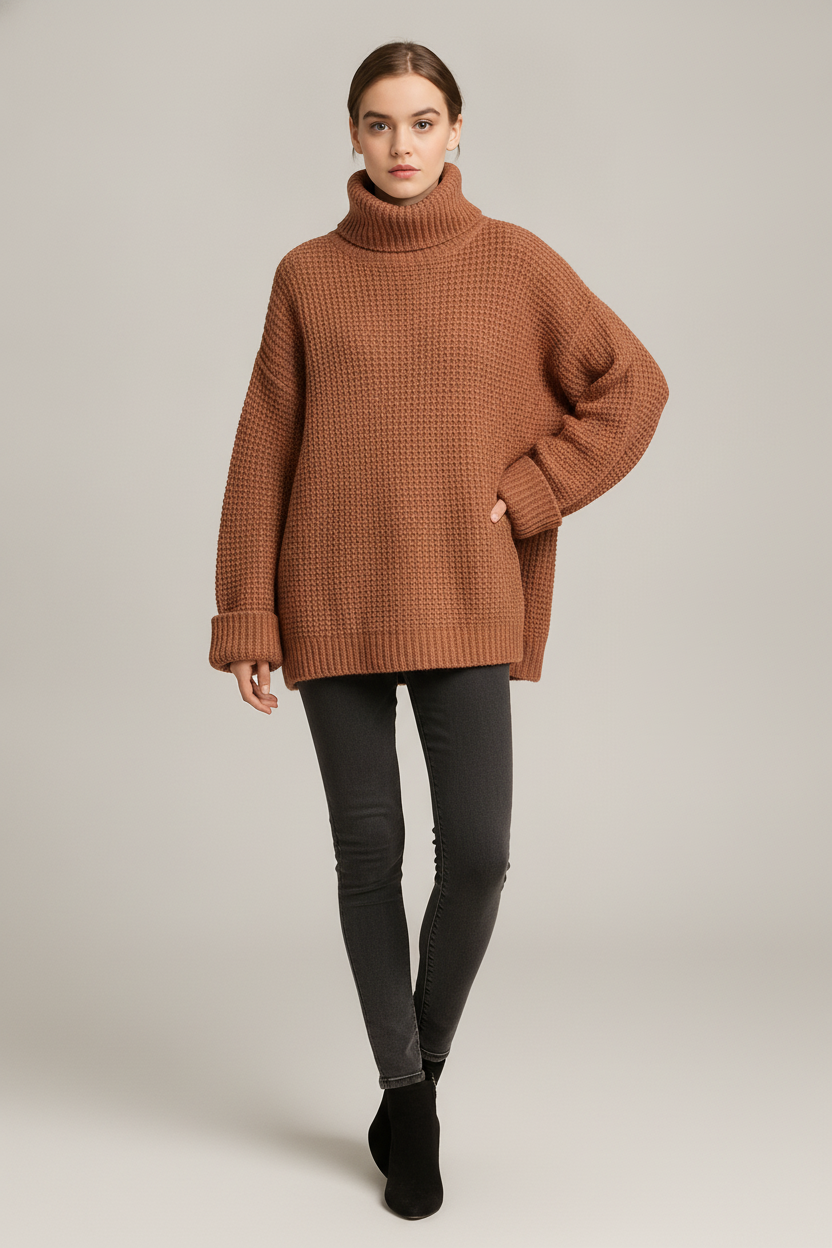 Coltrui Dames met Wafelstructuur – Oversized Gebreide Trui — Leontine – Terracotta – vooraanzicht