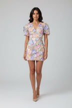 Transparante Mini Jurk met Pofmouwen Dames | Kant & Bloemenprint | Floriane