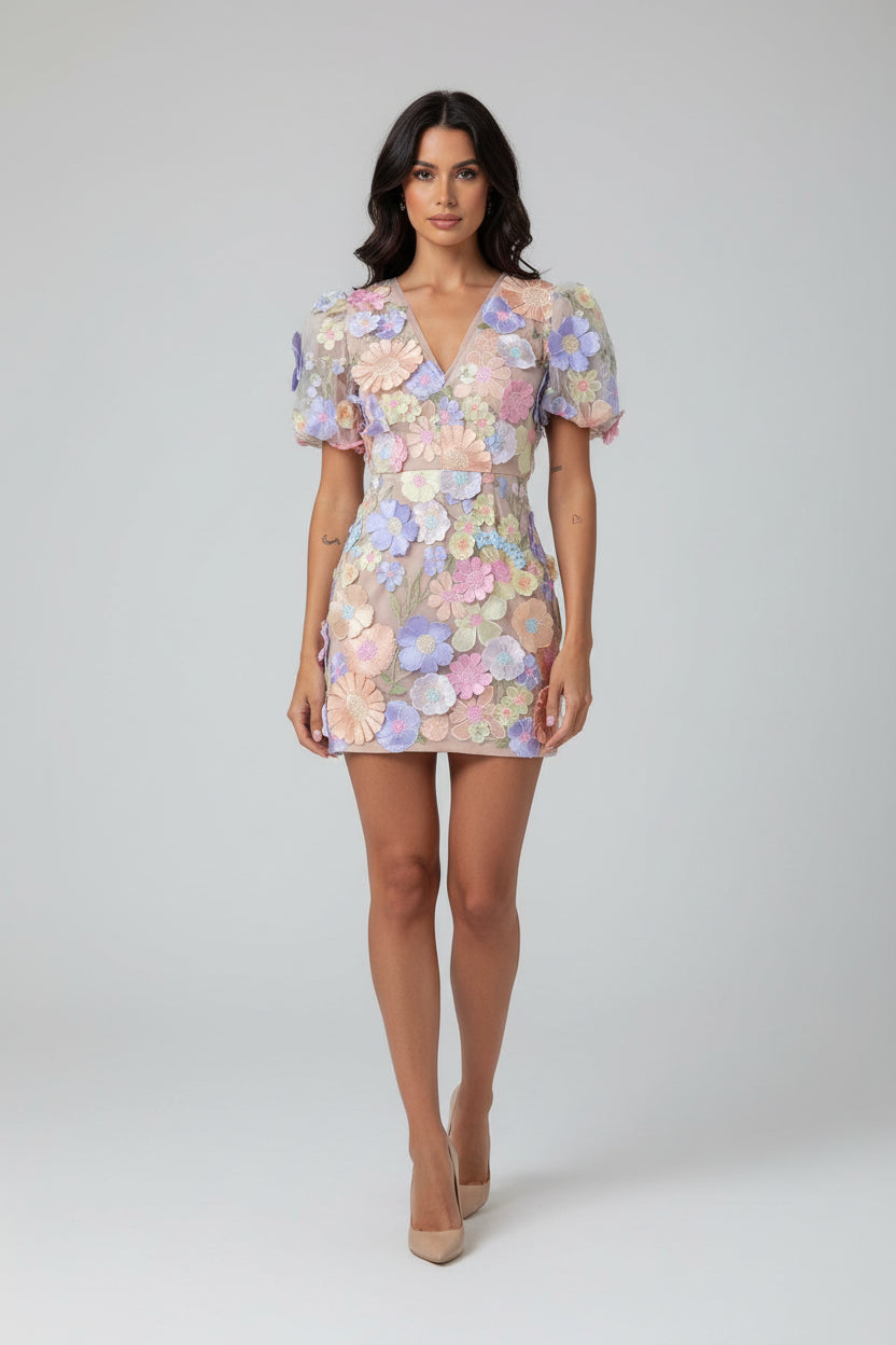 Transparante Mini Jurk met Pofmouwen Dames | Kant & Bloemenprint | Floriane