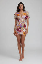 Transparante Mini Jurk met Pofmouwen Dames | Kant & Bloemenprint | Floriane