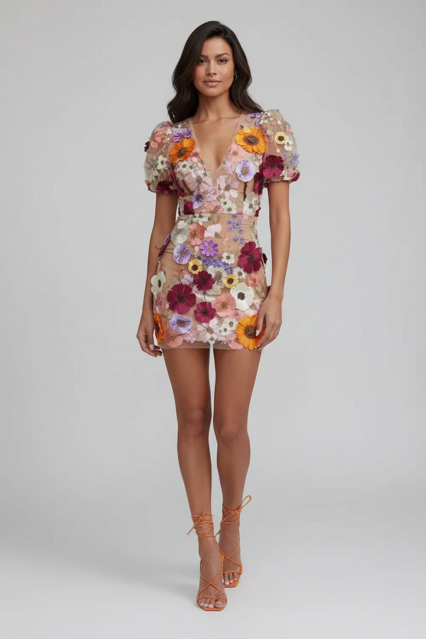 Transparante Mini Jurk met Pofmouwen Dames | Kant & Bloemenprint | Floriane