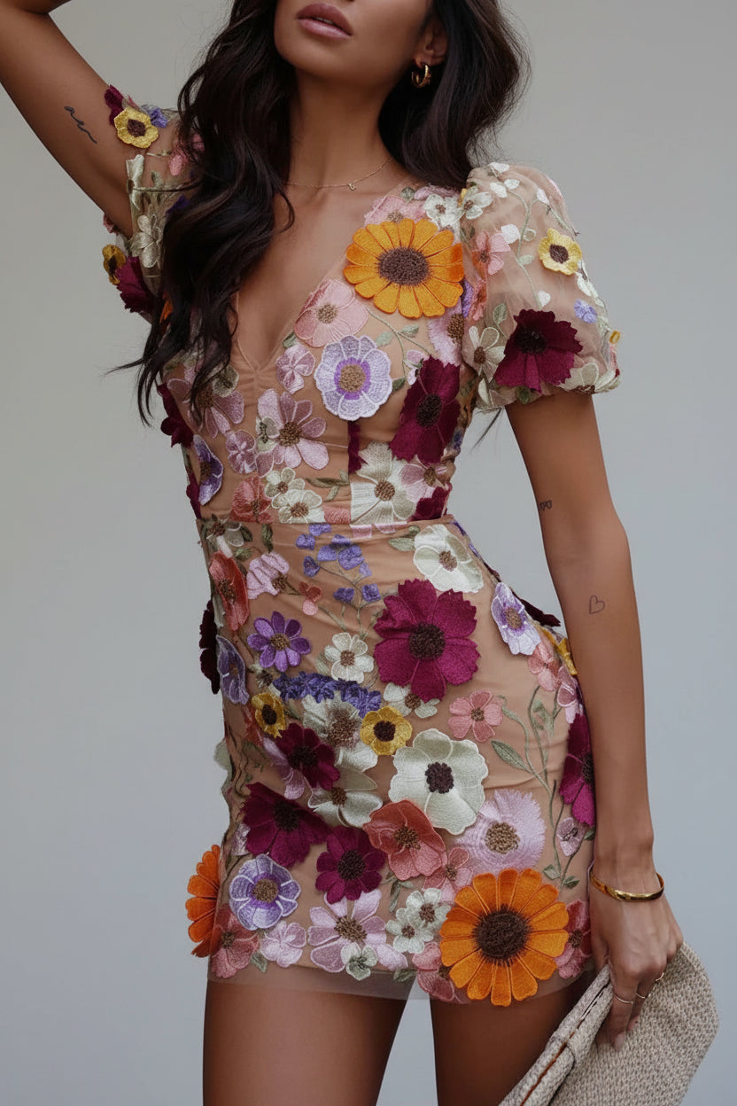 Transparante Mini Jurk met Pofmouwen Dames | Kant & Bloemenprint | Floriane
