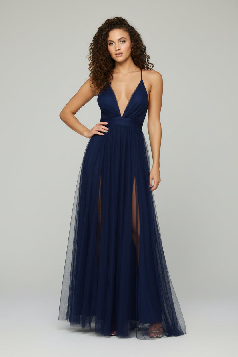 Tulle Maxi Jurk Dames Elegant Diepe V-hals Open Rug | Naïa