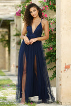 Tulle Maxi Jurk Dames Elegant Diepe V-hals Open Rug | Naïa