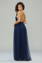Tulle Maxi Jurk Dames Elegant Diepe V-hals Open Rug | Naïa