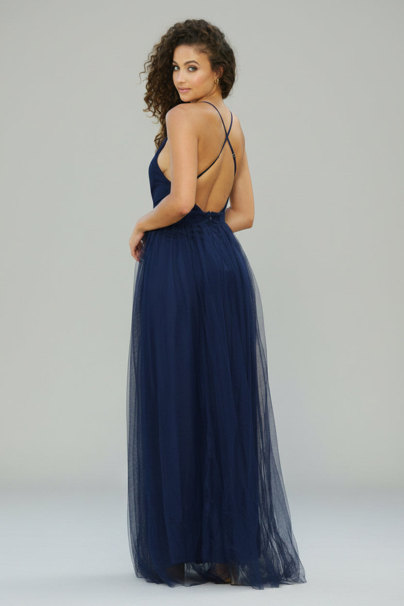 Tulle Maxi Jurk Dames Elegant Diepe V-hals Open Rug | Naïa