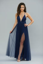 Tulle Maxi Jurk Dames Elegant Diepe V-hals Open Rug | Naïa