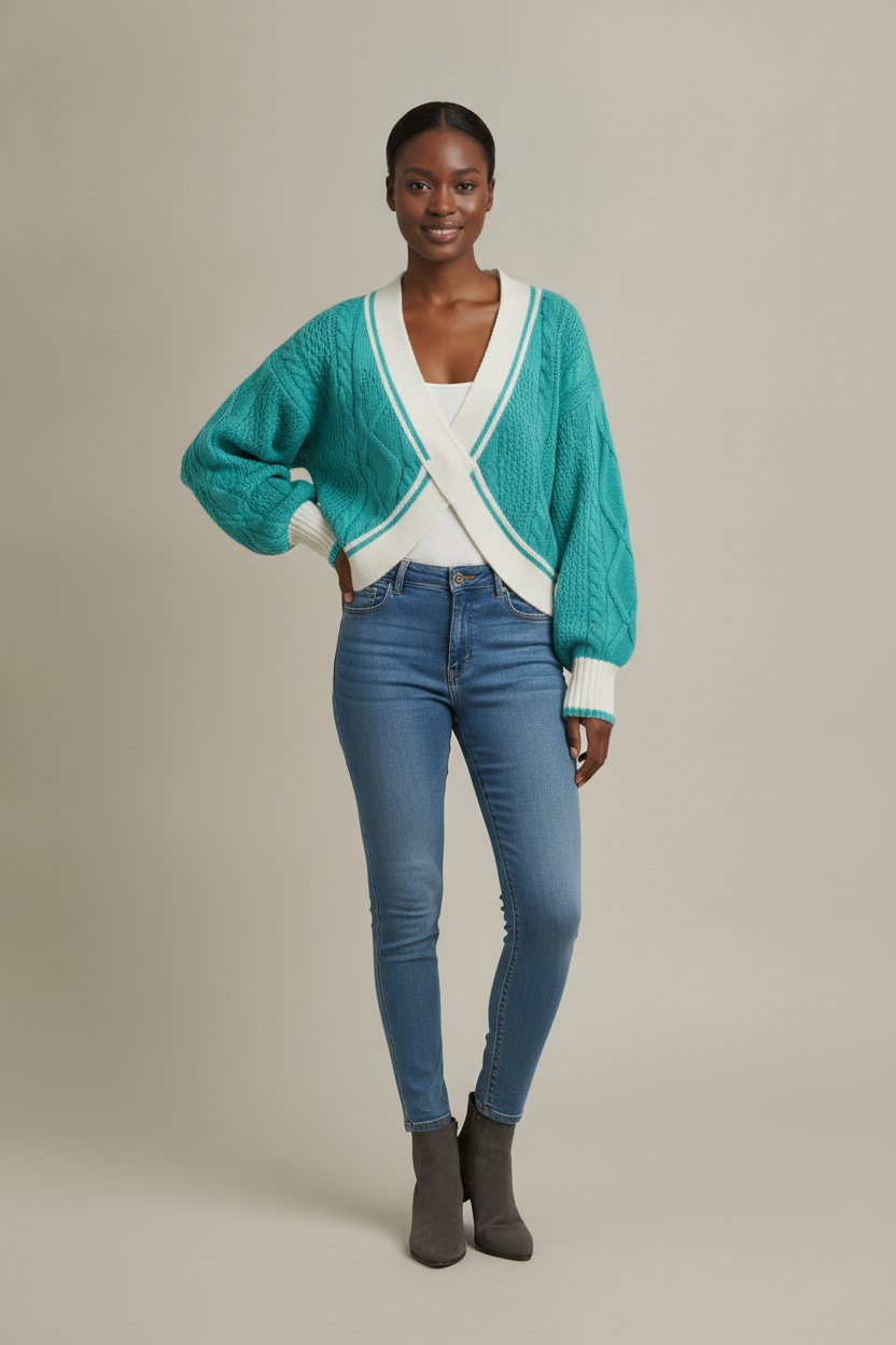 Kort Vest Dames met V-hals – Kabelvest met Contrastrand — Brielle – Turquoise – vooraanzicht