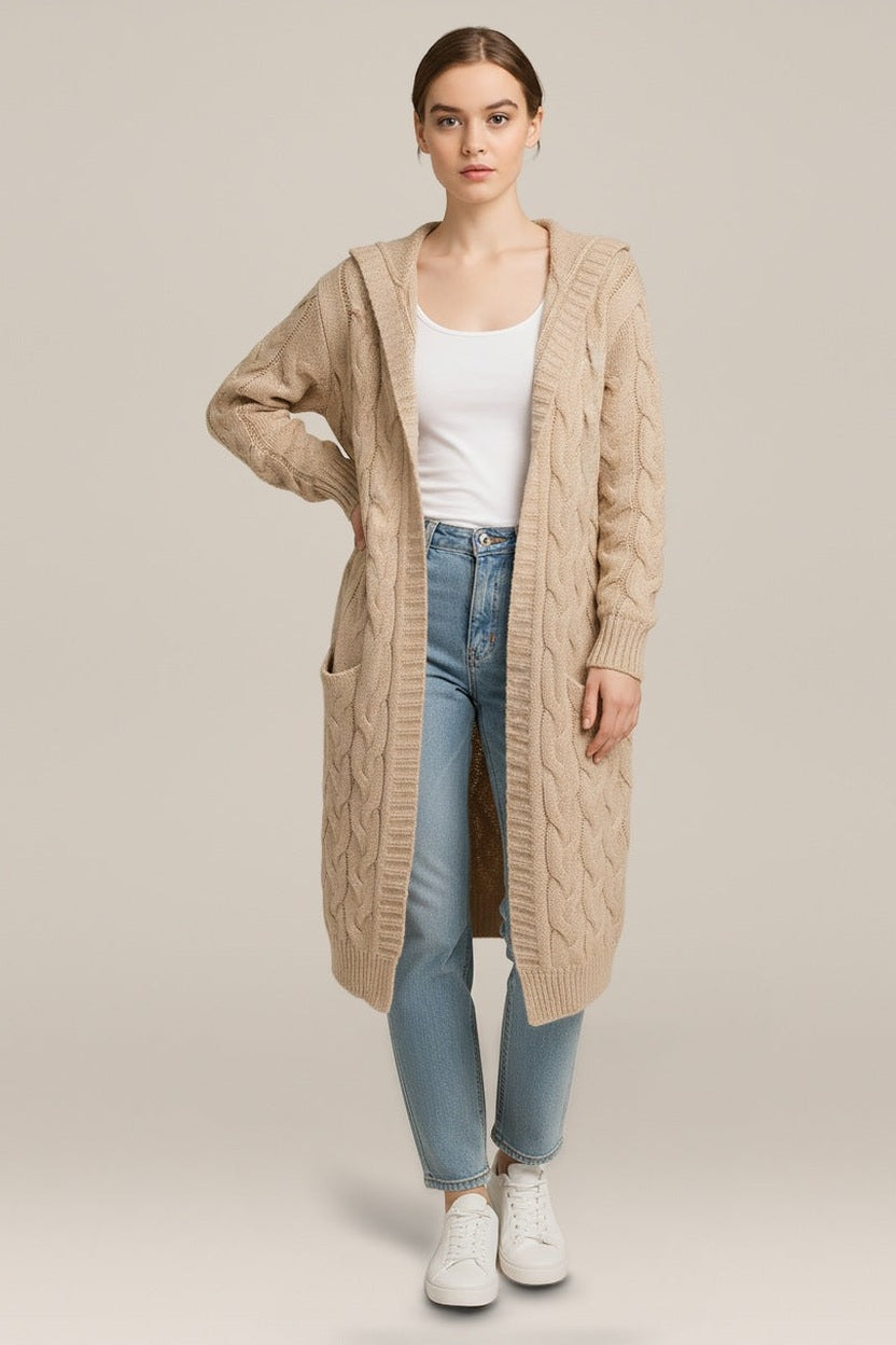 Lang Kabelvest Dames met Capuchon – Open Model met Zakken in beige – vooraanzicht