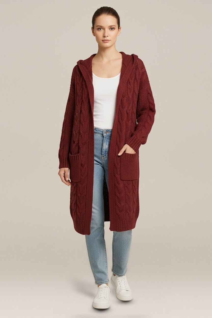 Lang Kabelvest Dames met Capuchon – Open Model met Zakken in bordeaux – vooraanzicht