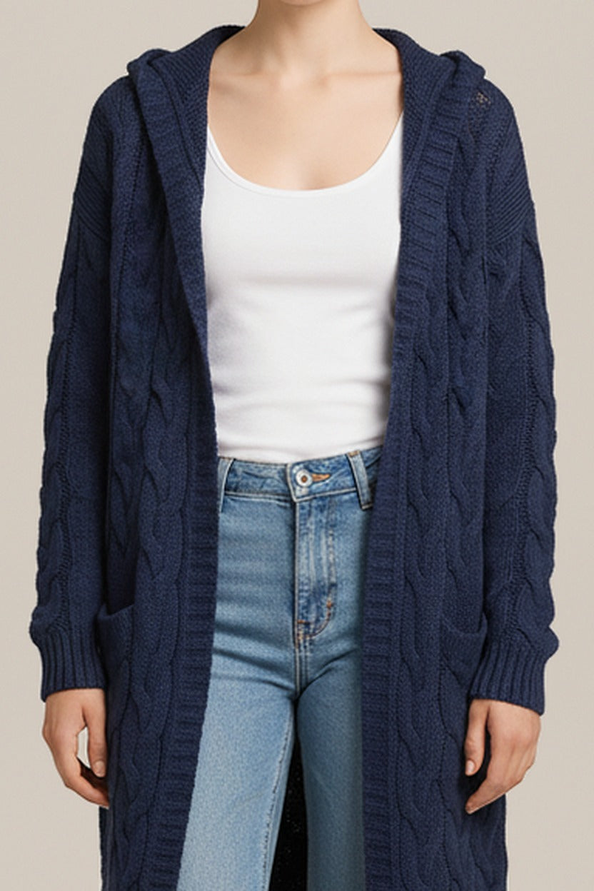 Lang Kabelvest Dames met Capuchon – Open Model met Zakken in donkerblauw – detail