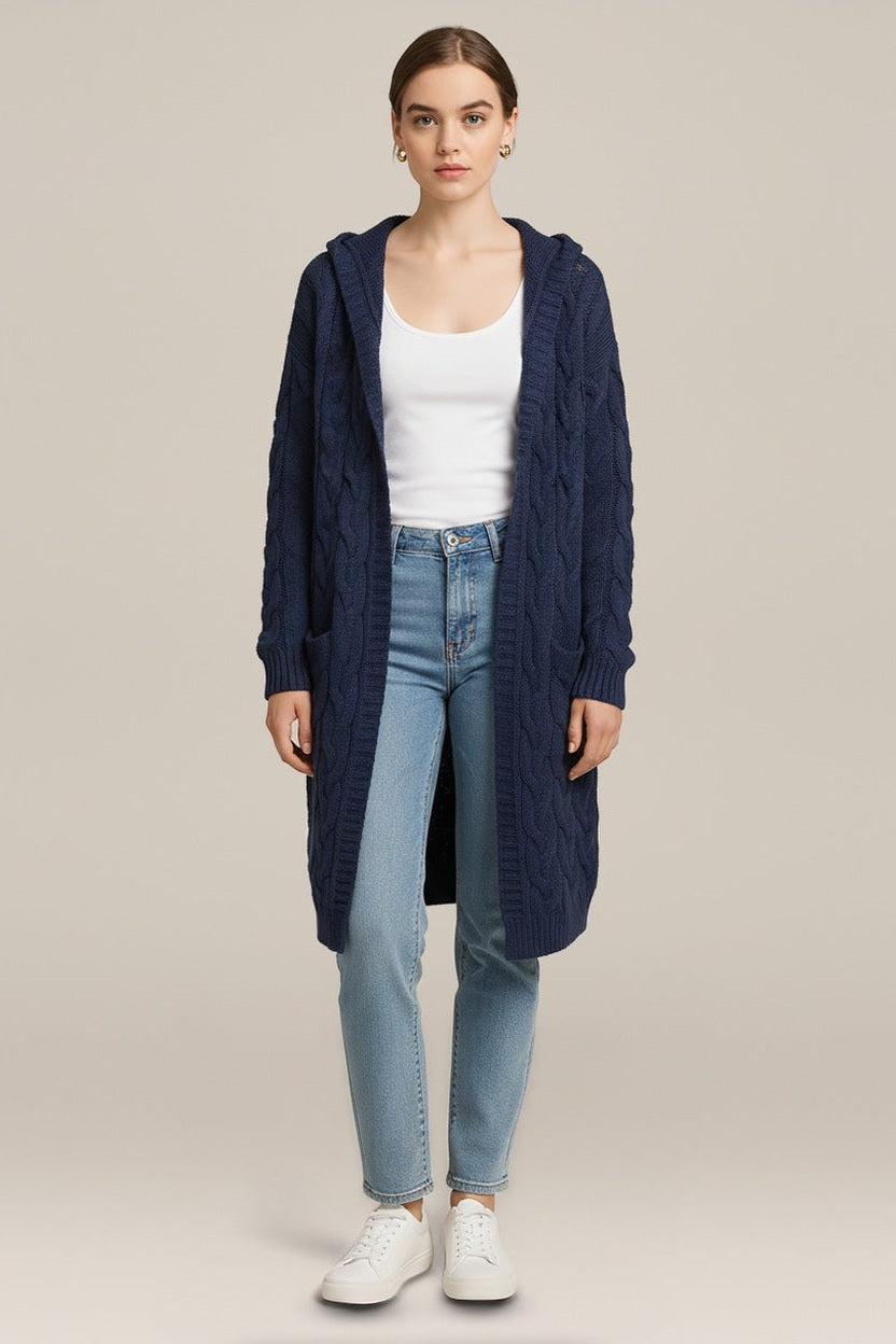 Lang Kabelvest Dames met Capuchon – Open Model met Zakken in donkerblauw – vooraanzicht