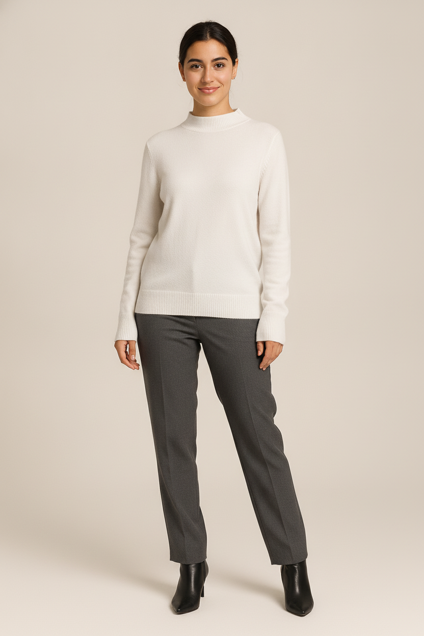 Gebreide Trui Dames met Halve Col – Zachte Basic Pullover — Aluna – Wit – vooraanzicht