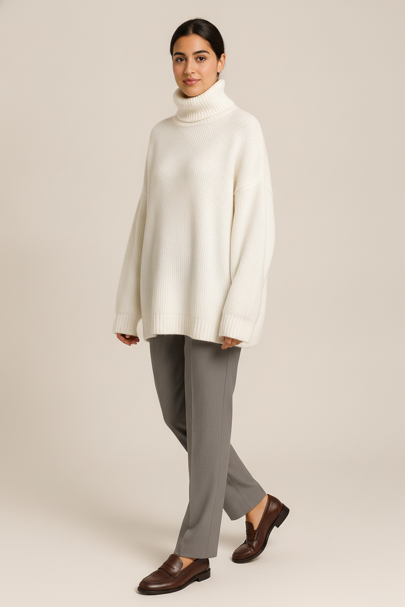 Oversized Coltrui Dames – Gebreide Trui met Hoge Col — Selin – Wit – vooraanzicht