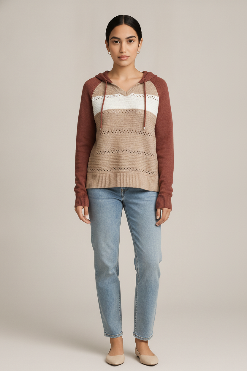 Gebreide Hoodie Dames met Strepen – Ajour Trui met Capuchon — Melina – Bordeaux – vooraanzicht