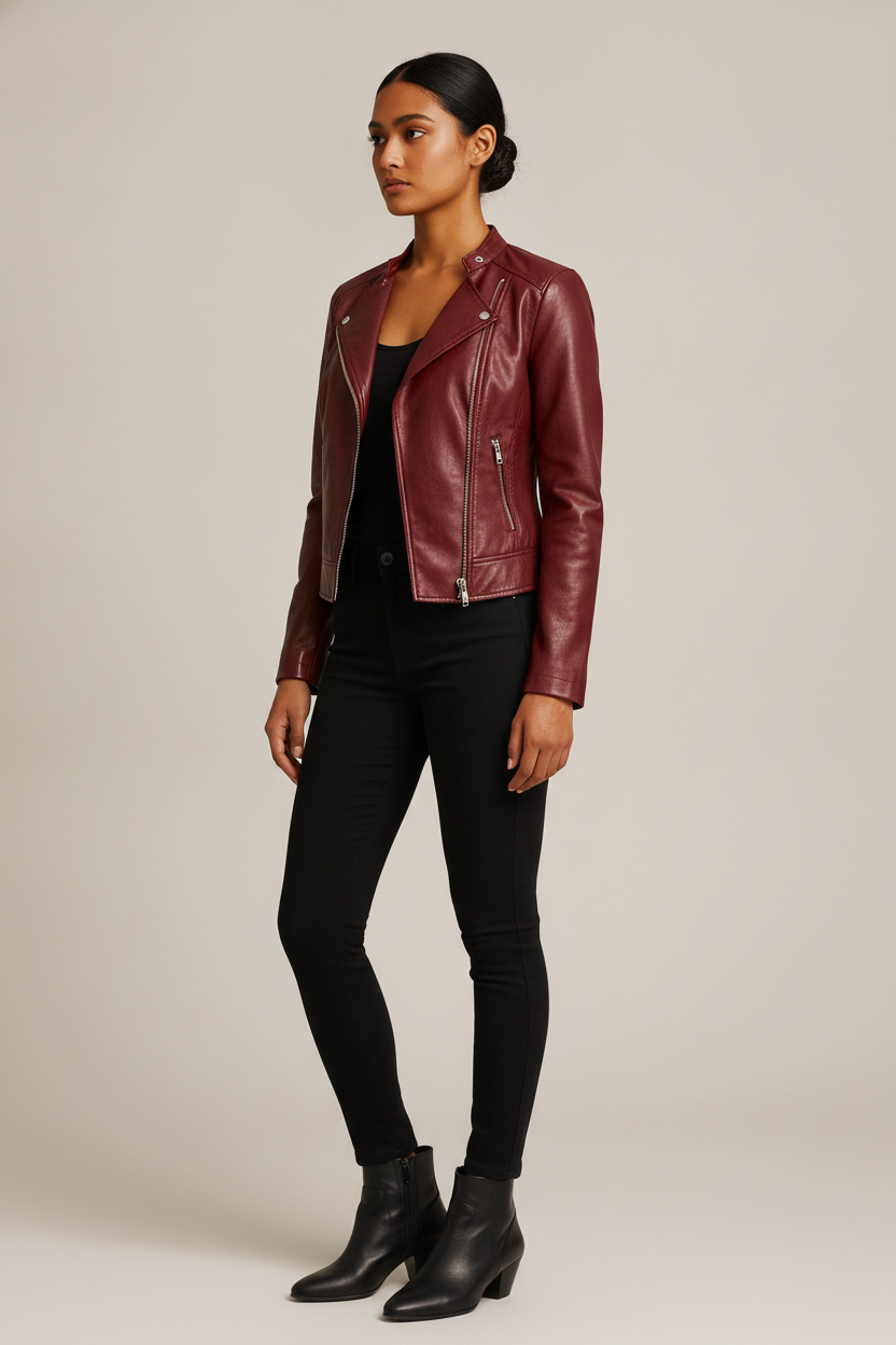 Bikerjas Dames in Leerlook – Getailleerd Jasje met Rits — Nerea – Bordeaux – vooraanzicht
