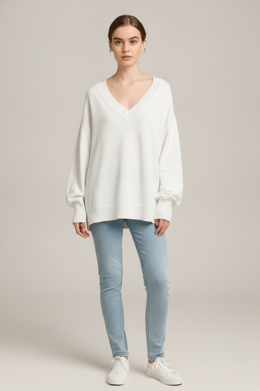 Trui Dames met Diepe V-hals – Oversized Gebreide Pullover — Zaida – Wit – vooraanzicht