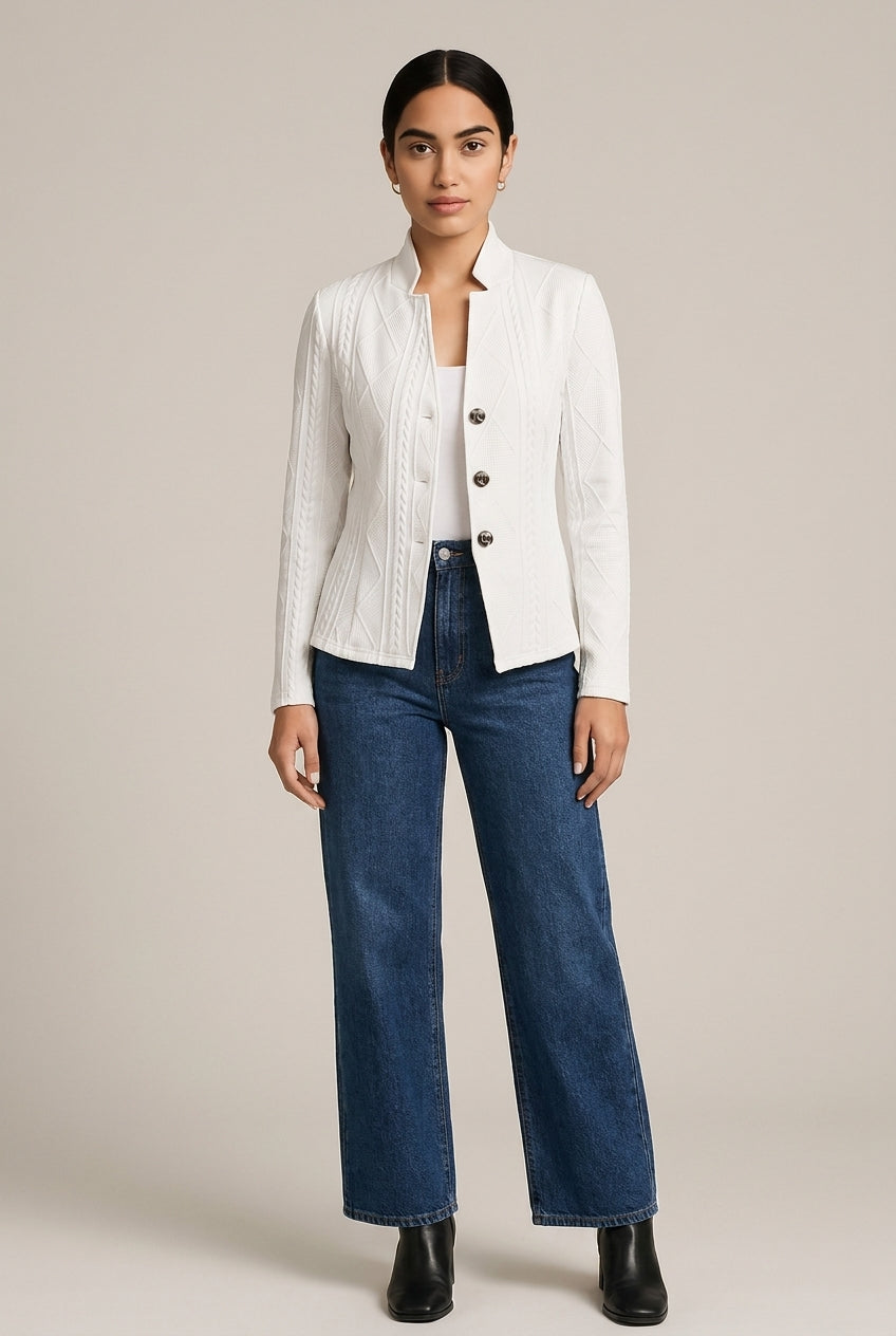 Blazer Dames met Opstaande Kraag – Getextureerd Jasje — Amirah – Wit – vooraanzicht