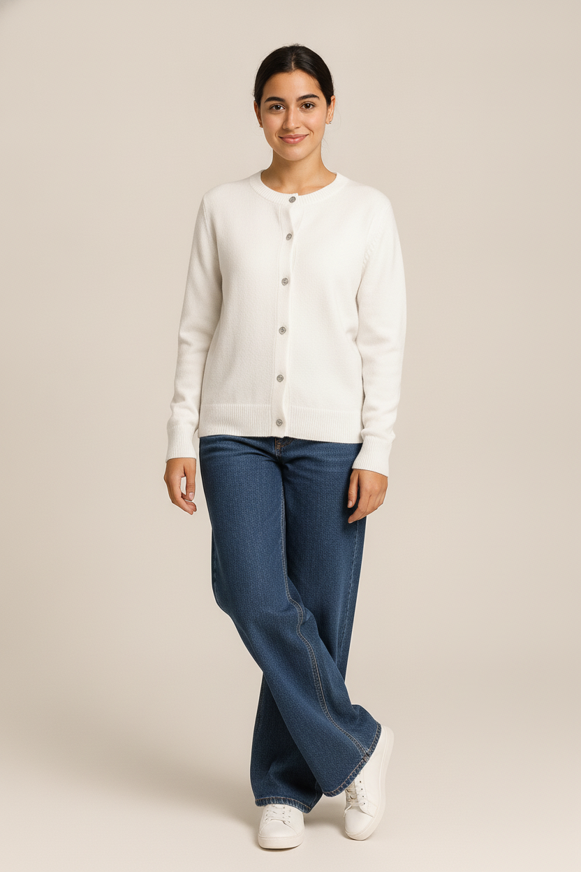Gebreid Vest Dames met Ronde Hals – Zachte Cardigan met Knopen — Belen – Wit – vooraanzicht