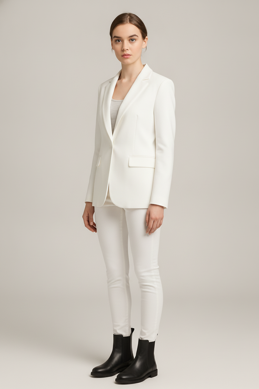 Getailleerde Blazer Dames met Één Knoop – Kort Colbert — Floor – Wit – vooraanzicht