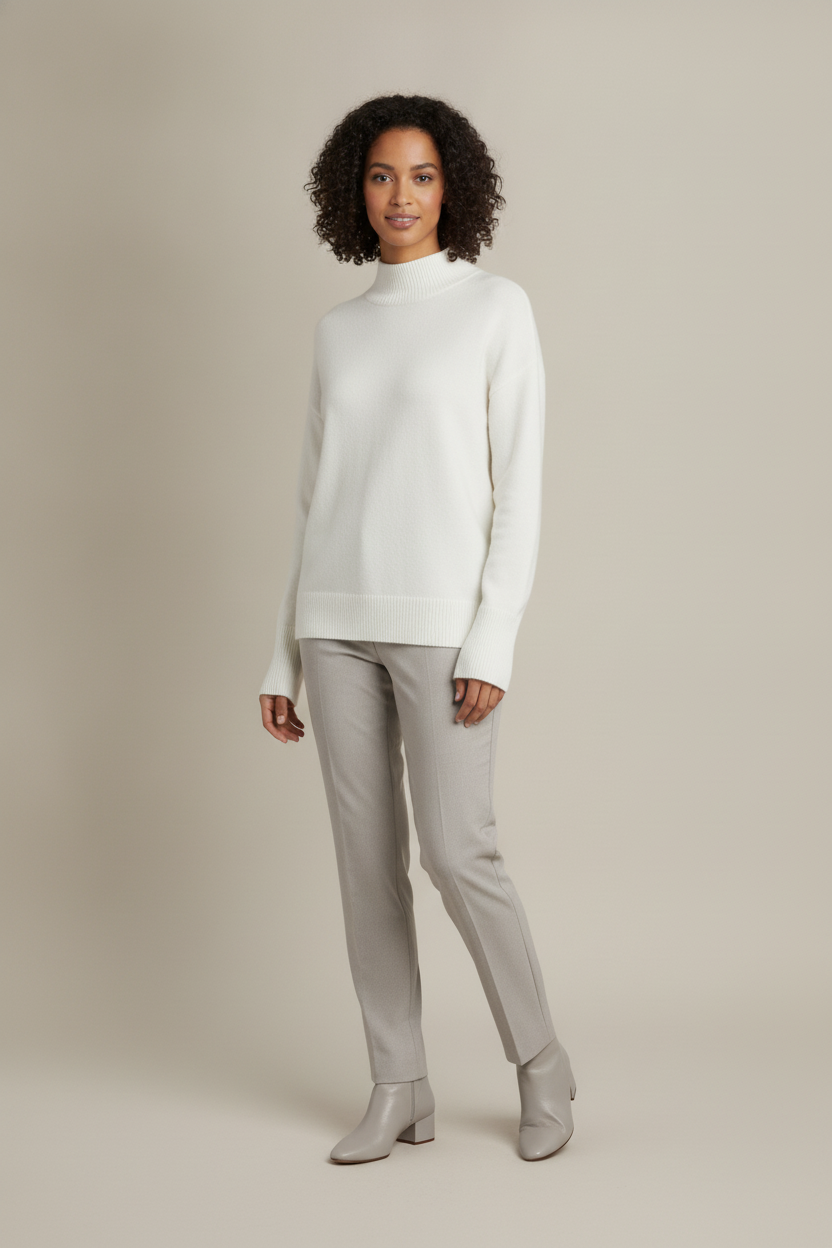 Trui Dames met Halfhoge Col – Zachte Gebreide Pullover — Selvana – Wit – vooraanzicht