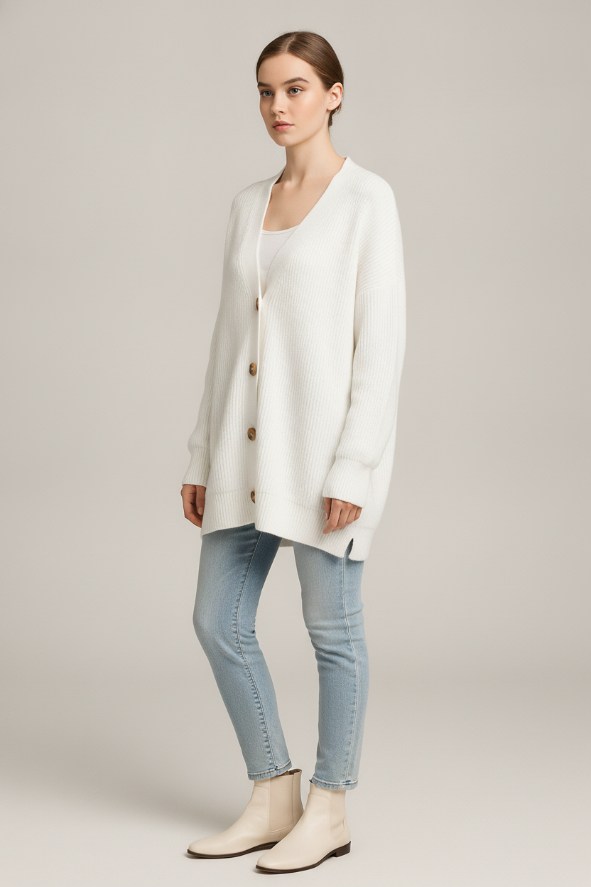Gebreid Vest Dames met V-hals – Oversized Cardigan — Mireille – Wit – vooraanzicht