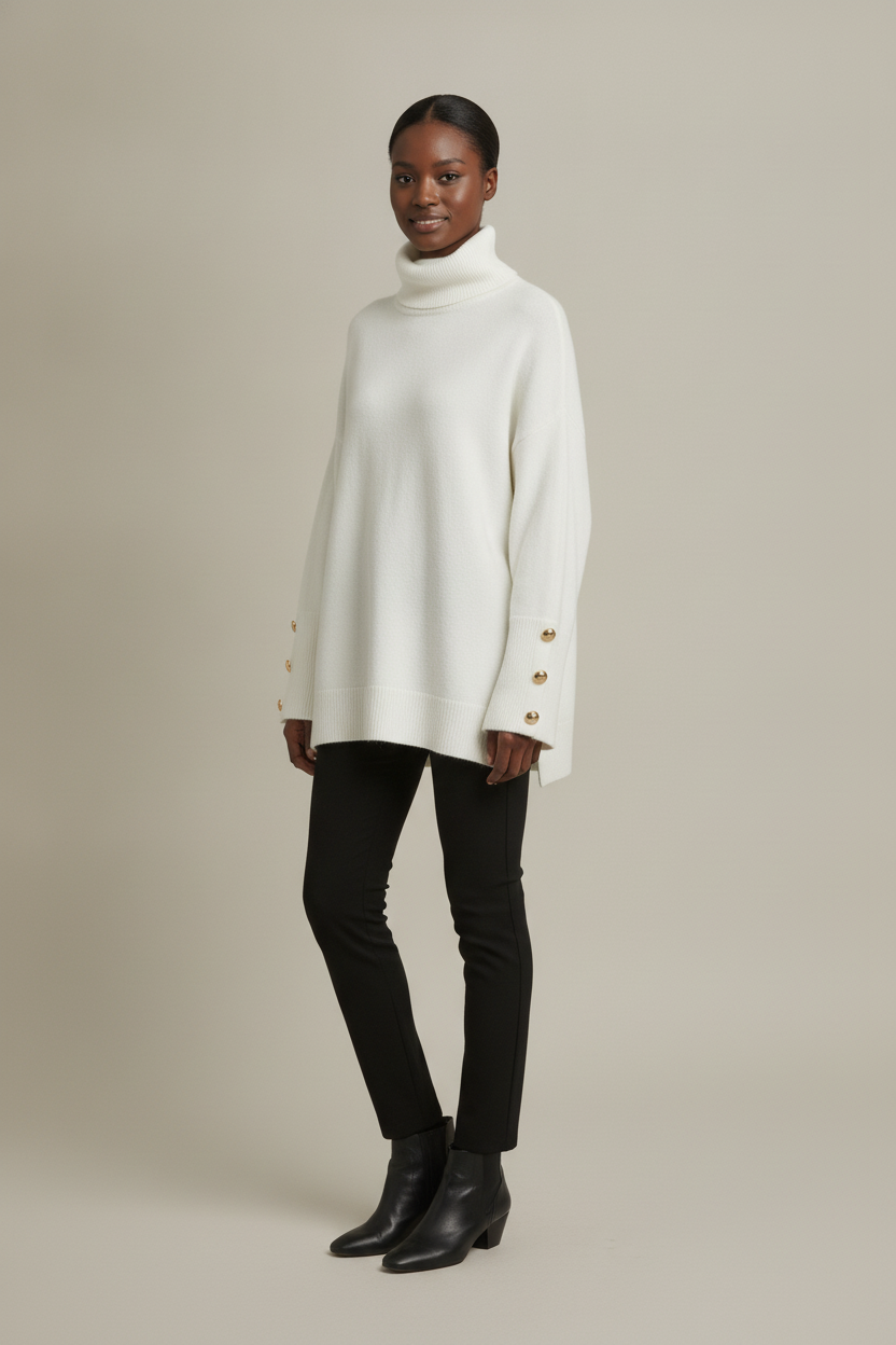 Coltrui Dames met Knoopjes op de Mouw – Oversized Col Trui — Tamsin – Wit – vooraanzicht