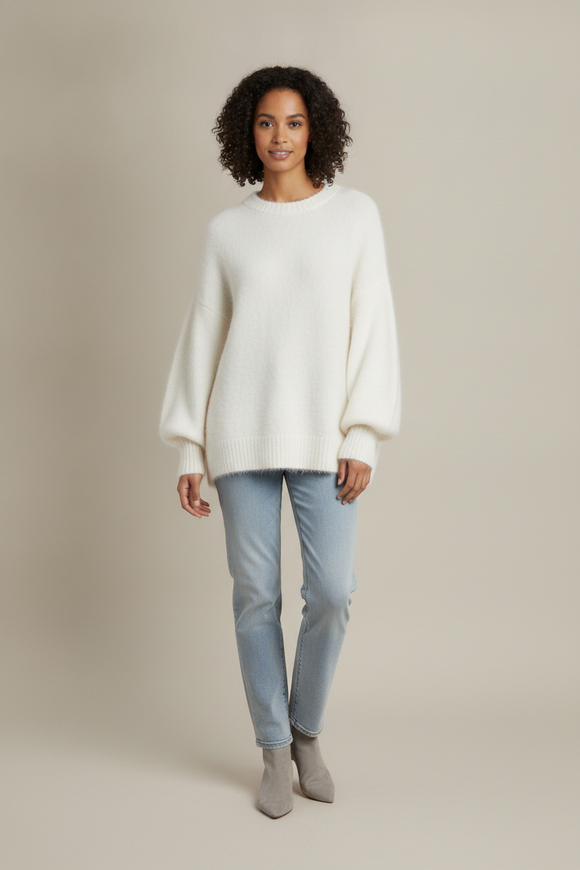 Oversized Trui Dames met Ballonmouwen – Zachte Gebreide Trui — Velia – Wit – vooraanzicht