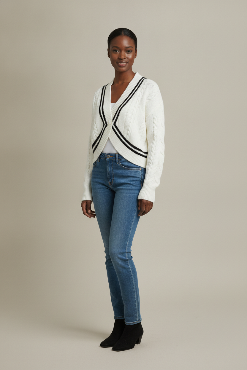 Kort Vest Dames met V-hals – Kabelvest met Contrastrand — Brielle – Wit – vooraanzicht