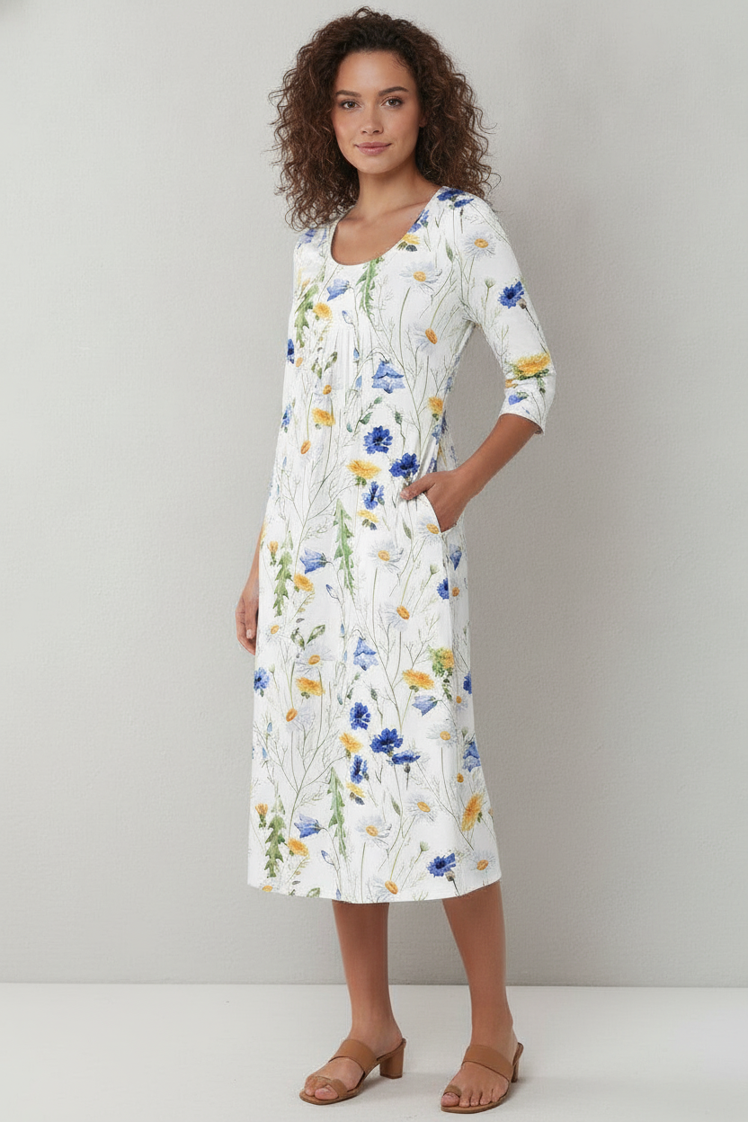 Zomerjurk met Bloemenprint en Driekwart Mouwen | Wit/Geel | Ninon