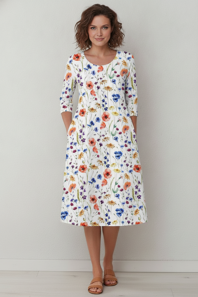 Zomerjurk met Bloemenprint en Driekwart Mouwen | Wit/Rood | Ninon