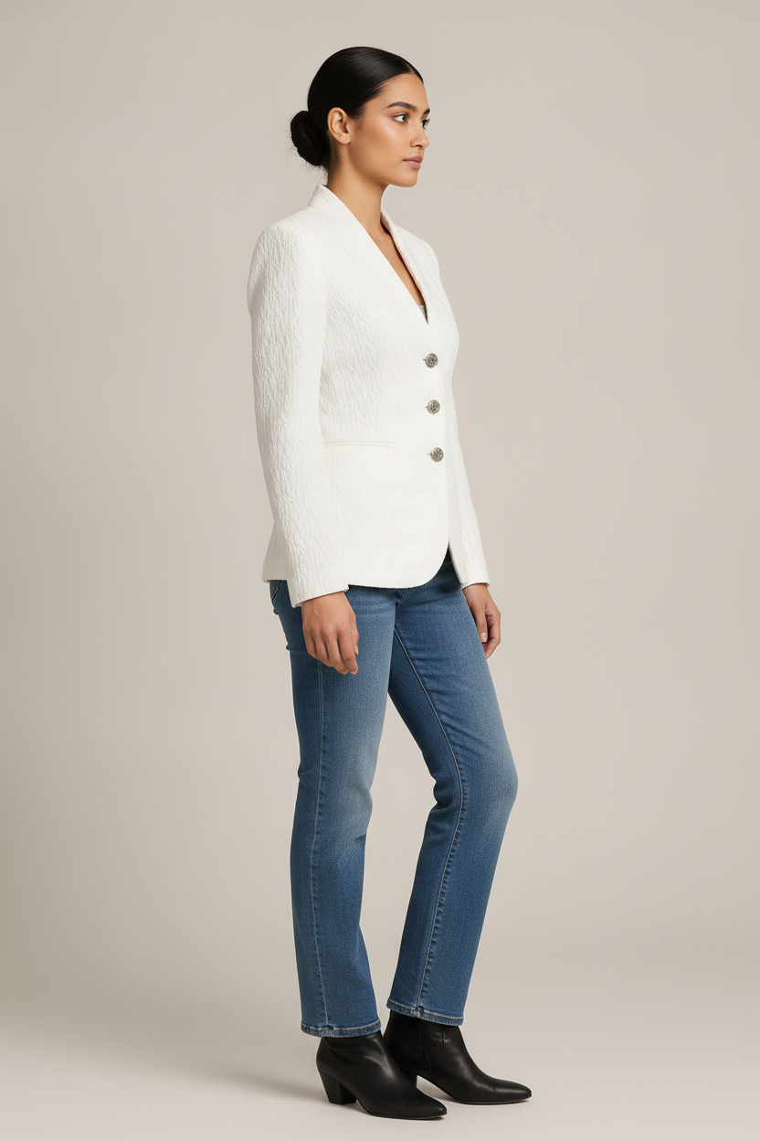 Blazer Dames met Opstaande Kraag – Getextureerd Jasje — Amirah – Wit – zijaanzicht