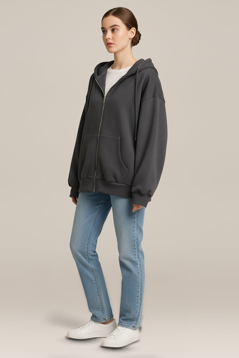 Hoodie Vest Dames met Rits – Oversized Sweatvest met Capuchon in donkergrijs – vooraanzicht