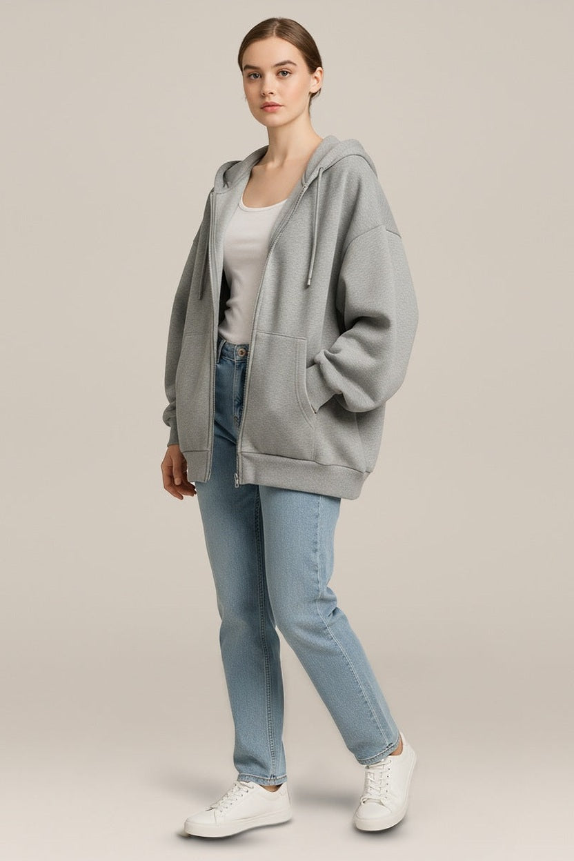 Hoodie Vest Dames met Rits – Oversized Sweatvest met Capuchon in grijs – vooraanzicht