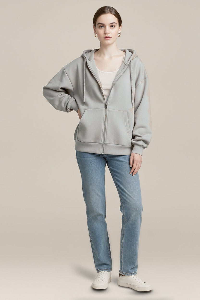 Hoodie Vest Dames met Rits – Oversized Sweatvest met Capuchon in lichtgrijs – vooraanzicht