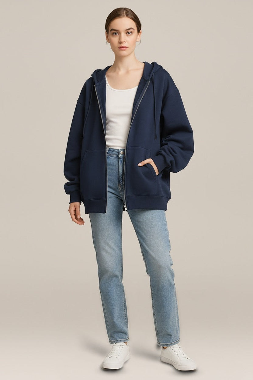 Hoodie Vest Dames met Rits – Oversized Sweatvest met Capuchon in marineblauw – vooraanzicht
