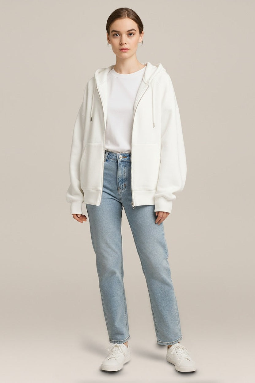 Hoodie Vest Dames met Rits – Oversized Sweatvest met Capuchon in wit – vooraanzicht