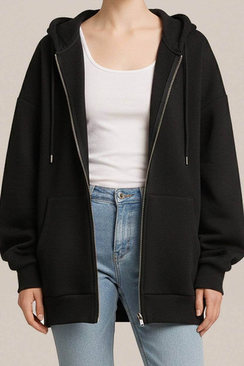 Hoodie Vest Dames met Rits – Oversized Sweatvest met Capuchon in zwart – detail