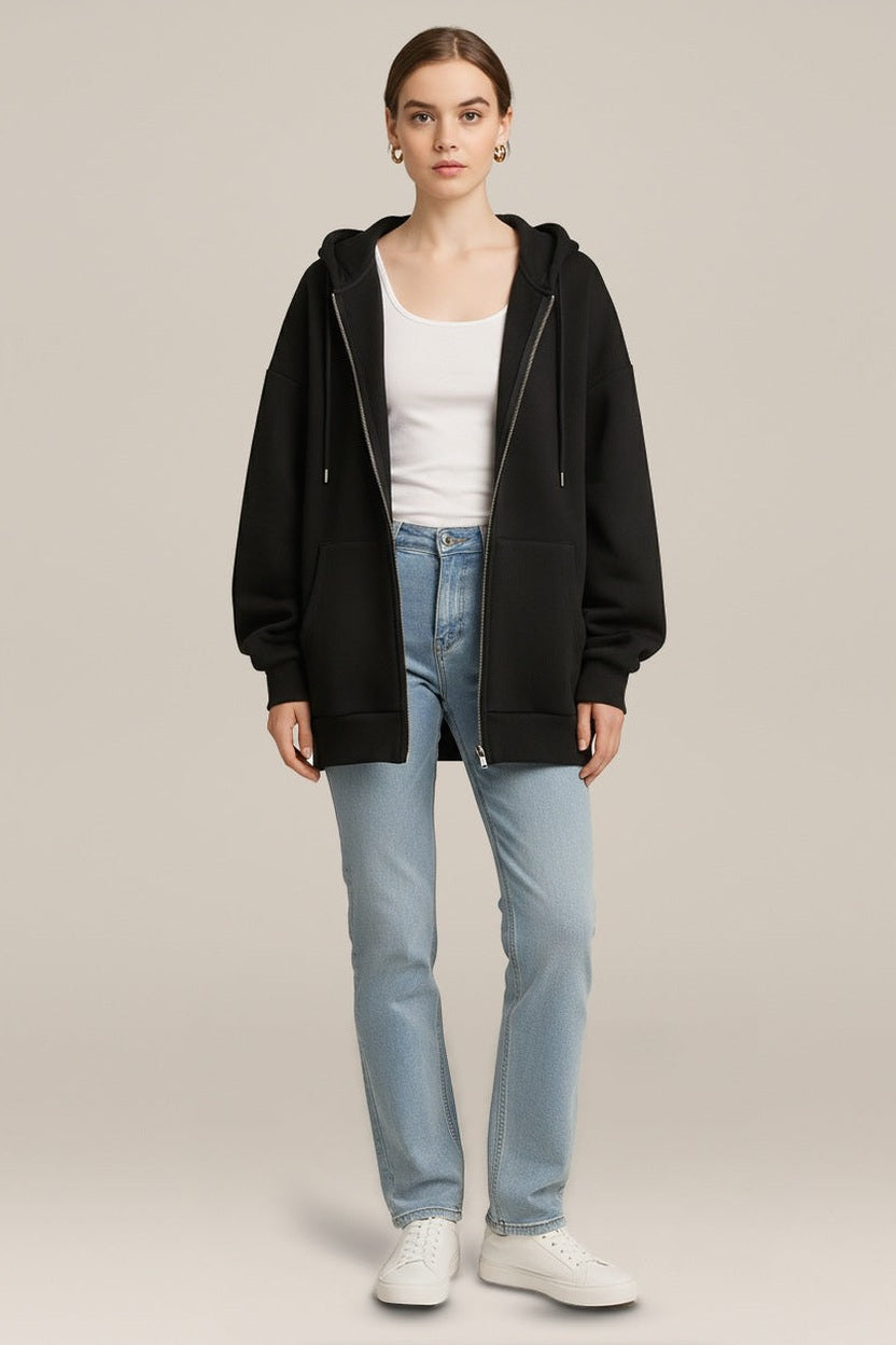 Hoodie Vest Dames met Rits – Oversized Sweatvest met Capuchon in zwart – vooraanzicht